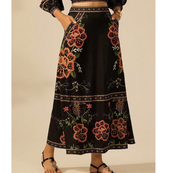 Boho Floral Print Stretchy Waist Pockets Midi Skirt - Picture 2 of 8